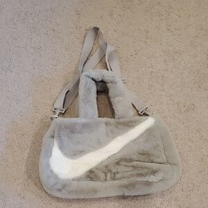 Nike Light Gray Faux Fur Shoulder Bag with White Nike Logo
